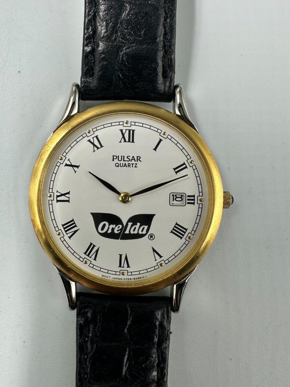 Vintage Pulsar Watch Men Gold Tone Ore Ida Logo Black Leather Band
